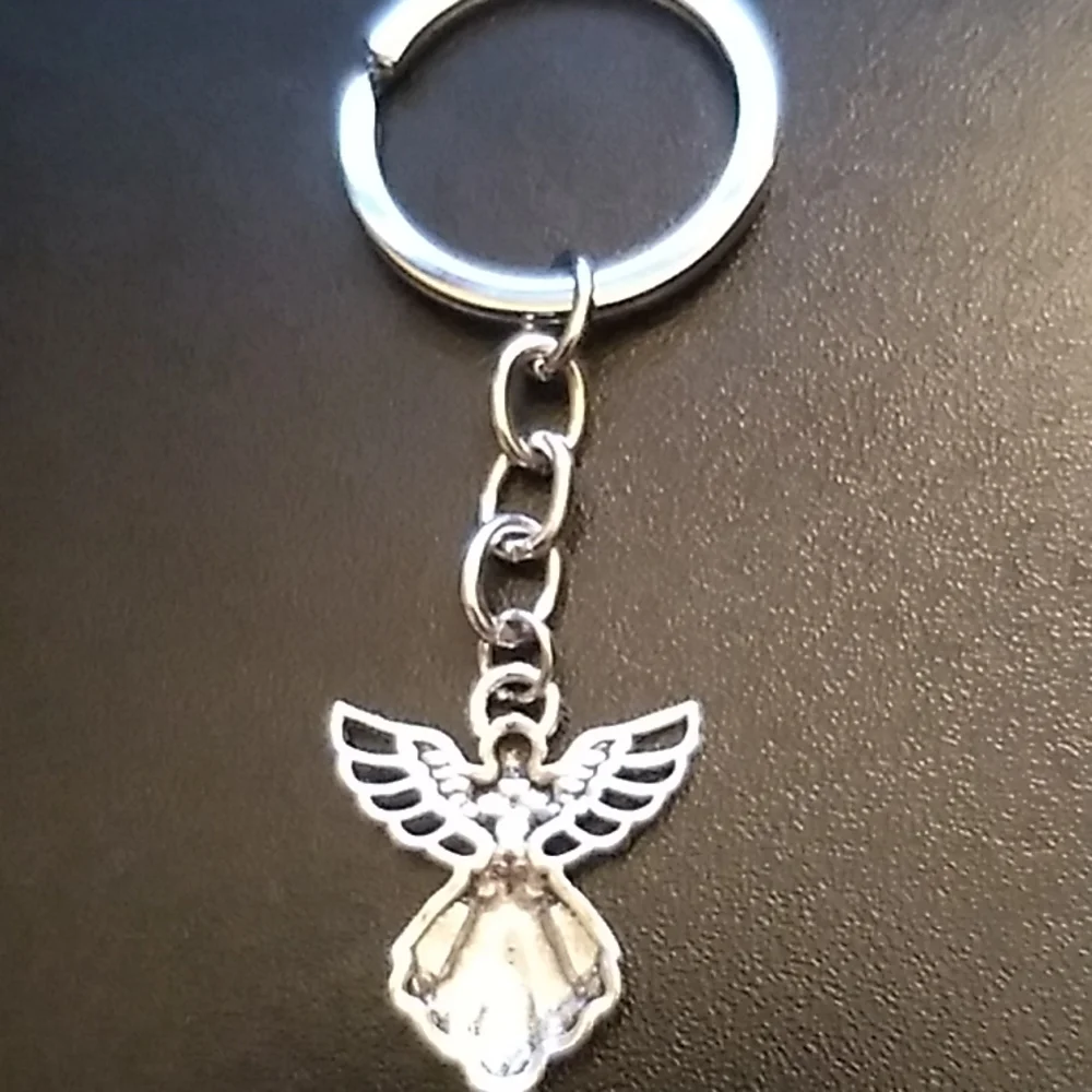 Phaeton Silver Tone Guardian Angel Charm Keychain 1 x 3 1/4 inch total w keyring